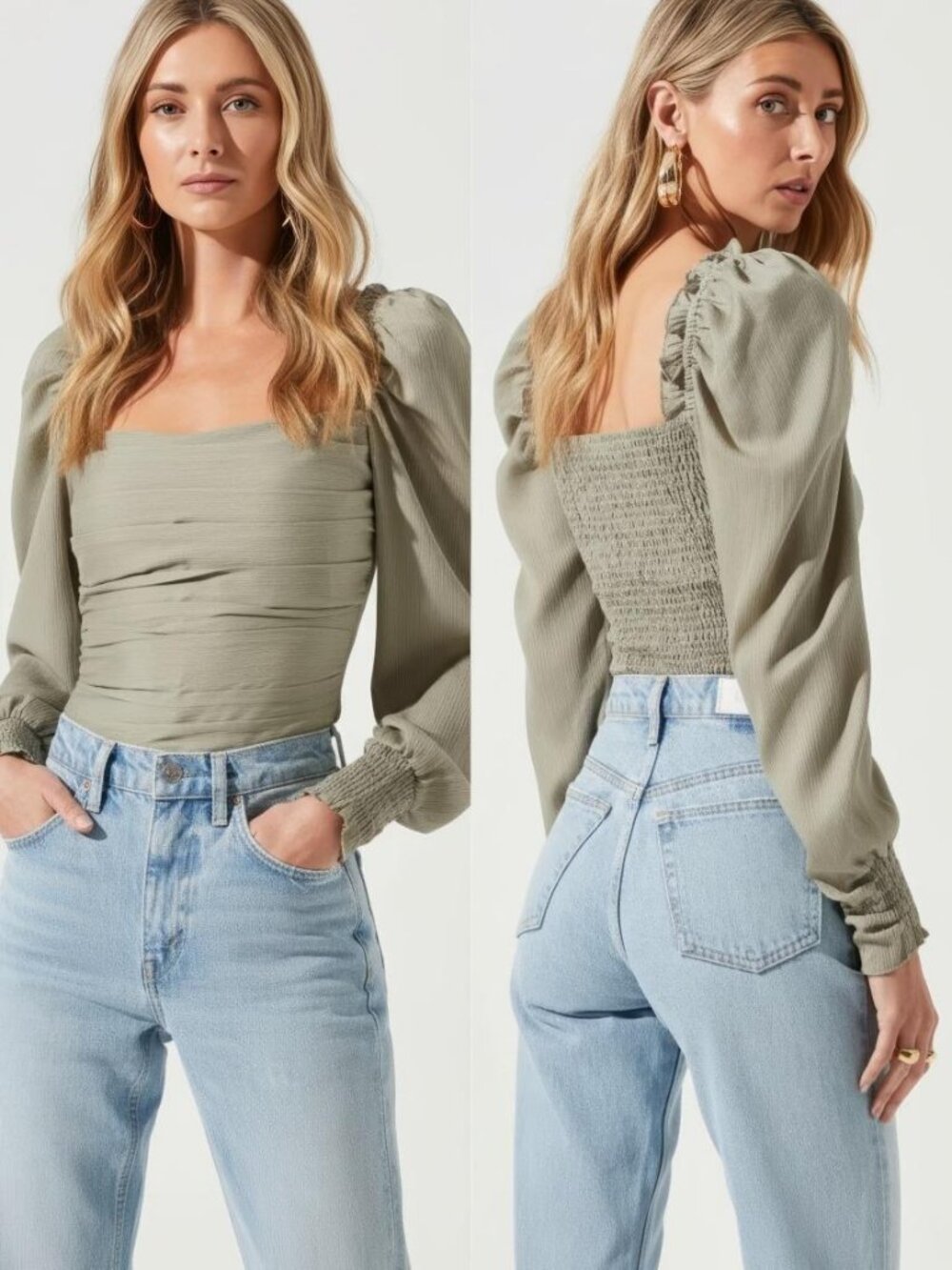 NWT ASTR the Label Sage Puff Sleeve Square Neck Top Top M